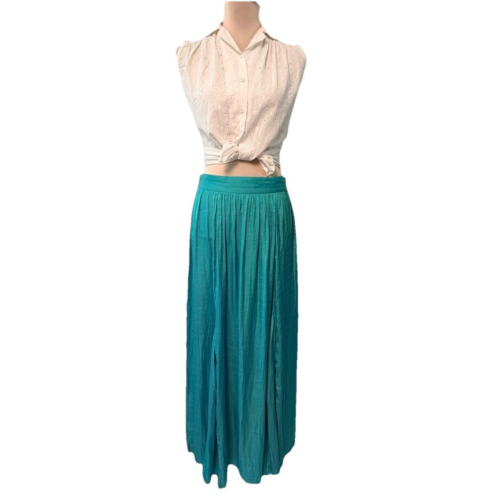 Chico's Satin Maxi Skirt Women Size 4 Small Teal Green‎ Stretch Boho Flowy Fairy